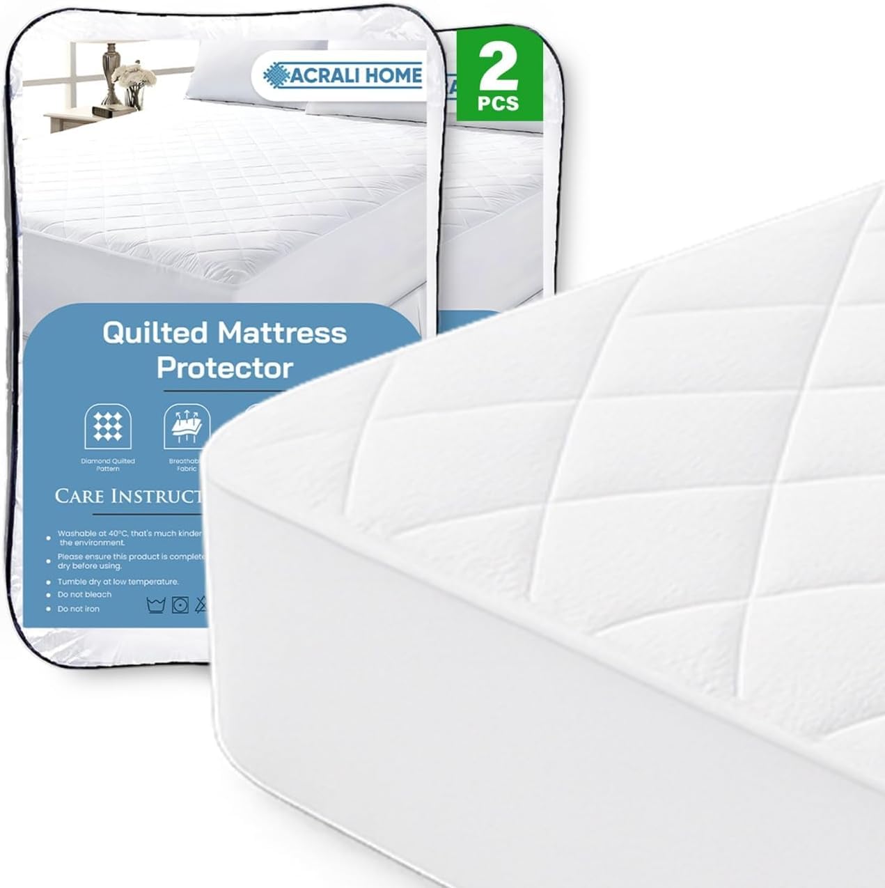 Acrali Home 2 Pack Quilted Small Single Mattress Protector, UltraSoft 3-Layer Design with Deep Fitted Skirt, Breathable & Anti-Allergy – Machine Washable Bed Cover (76x190+35cm)