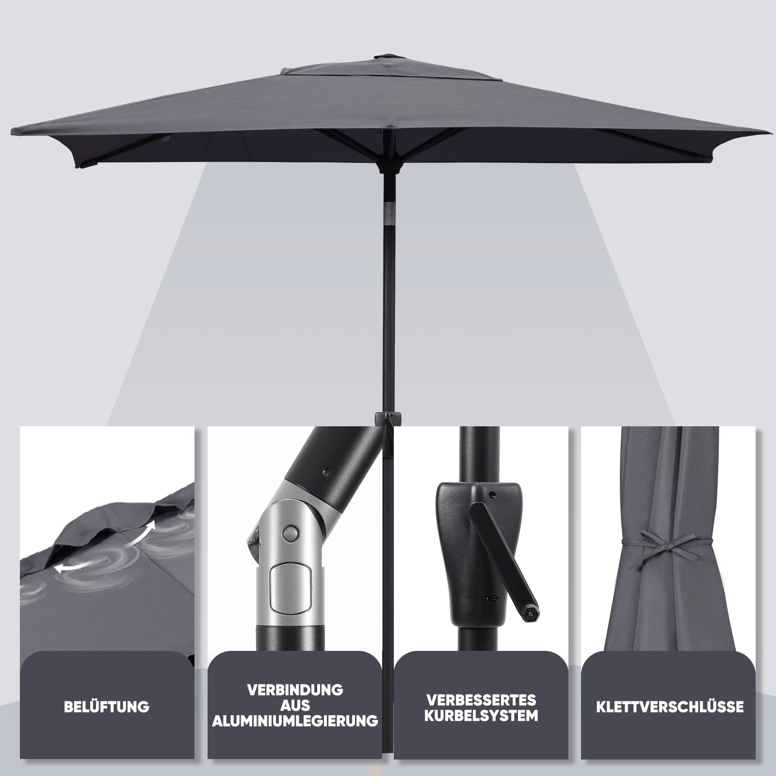 Sekey Aluminum Sonnenschirm mit Kurbel und Knicker, 210 × 140 cm Sonnenschirm Rechteckig für Balkon Garten & Terrasse Sonnenschutz UV 50+, Grau