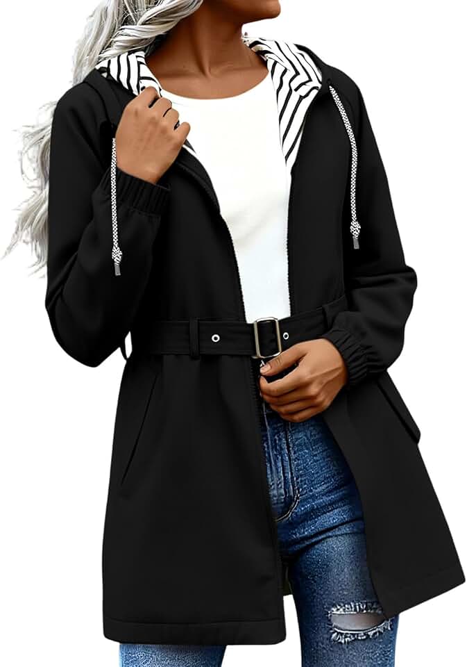 BFAFEN Rain Jacket Women Waterproof with Hood Striped Lined Belted Zip Up Long Raincoat Windbreaker Hiking Fall Jacket Pocket