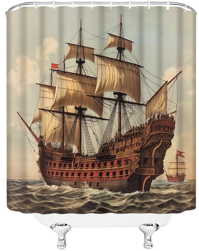 Pirate Ship Shower Curtain Vintage Nautical Sailboat Sailing Sea Adventure Seascape Coastal Fabric Bathroom Decor Set with Hooks,(70" Wx78 H)