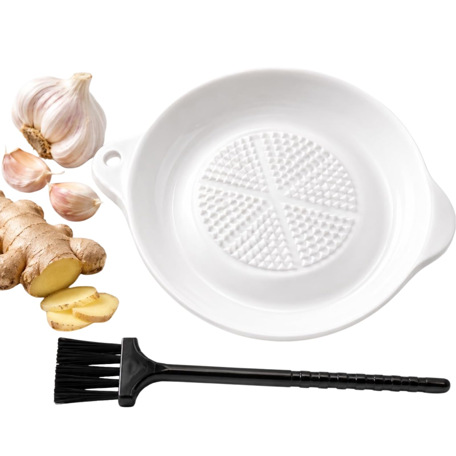 Ceramic Garlic Ginger Grater Plate with Cleaning Brush – Non-Slip Manual Grinding Bowl for Spices, Turmeric, Nutmeg, Cheese & Baby Food | Multipurpose Kitchen Puree Maker (White, Pack of 1)-picture-10