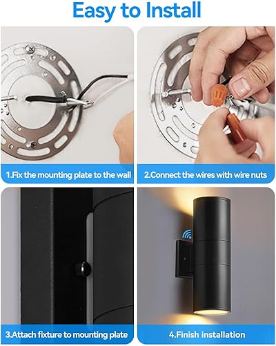 Vista 39 de KIZON Paquete de 2 lámparas de exterior del atardecer al amanecer, modernas lámparas de pared para exteriores negras, accesorios de iluminación
