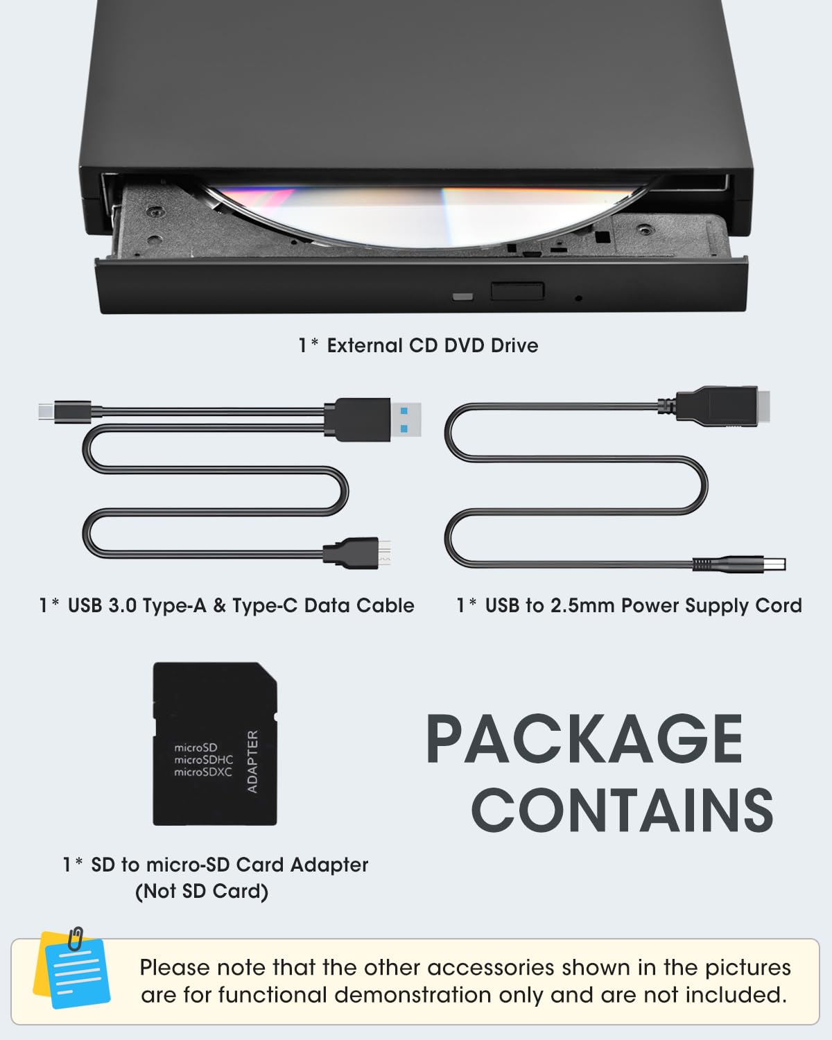 ROOFULL Unidad externa de CD/DVD 5 en 1 con ranura para tarjeta SD y puertos USB 3.0, lector de disco óptico USB-C, grabadora de CD, reproductor de DVD para laptop Windows 11/10, Mac MacBook, Linux PC