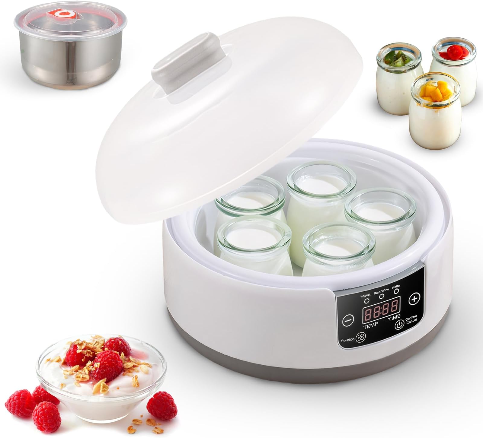 Yoghurt Maker, 1.2L Fully Automatic Yogurt Machine with Temp/Time Control, Fermented Curd Maker with Natto/Rice Wine Function(5 Glass Jars)