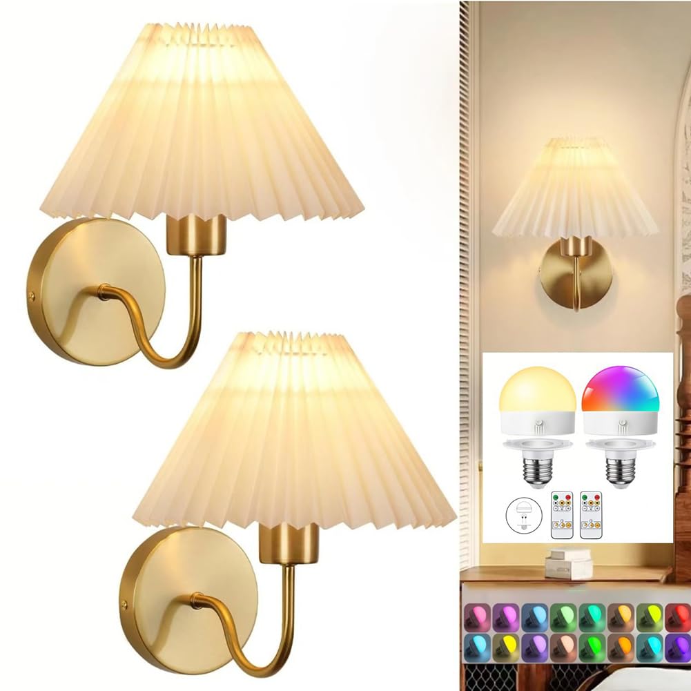 2 Stück LED Akku Wandleuchte Ohne Stromanschluss Innen Gold Wandlampe Batterie mit Fernbedienung Dimmen Wandbeleuchtung Kabellos Aufladbare Wohnzimmerlampe Stoffschirm Retro Boho Lampe Messing
