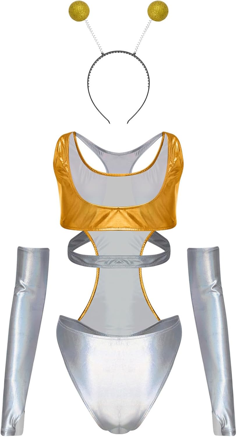 Lejafay Adult Womens Alien Costume Metallic Shiny Space Bodysuit Halloween Robots Jumpsuit Outfits