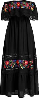 Mexican Dresses for Women Traditional Off-Shoulder Floral Embroidery Cinco de Mayo Fiesta Party Long Maxi Dress