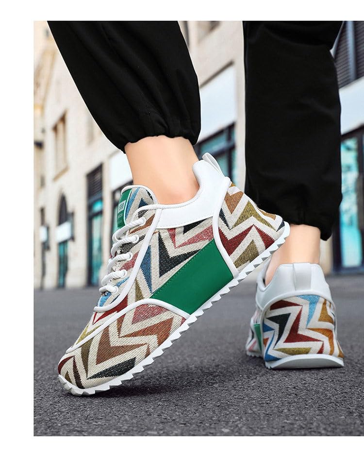 Multicolor Geometric Print Sneakers - White Sole with Green Accents, Breathable Mesh Upper Design for Casual Style3