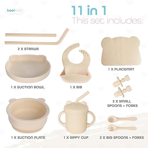 Miniatura 3 de KOOLKIDD Juego de silicona 11 en 1 para alimentación del bebé con plato de ventosa, cucharas, tenedores, babero ajustable para 6 meses o más, apto