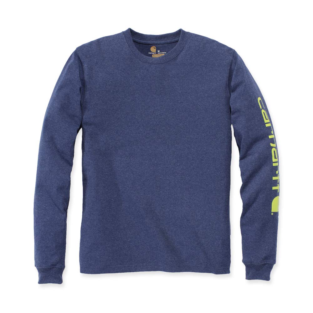 Men's Relaxed Fit Heavyweight Long-Sleeve Logo Sleeve Graphic T-Shirt, Dark Cobalt Blue Heather, M