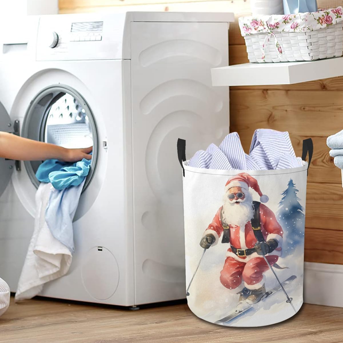 Skiing Santa Funny Waterproof Foldable Storage Bin, Dirty Clothes Laundry Basket, Canvas Organizer Basket for Laundry Hamper, Toy Bins, Gift Baskets, Bedroom, Clothes, Kids Hamper image 4