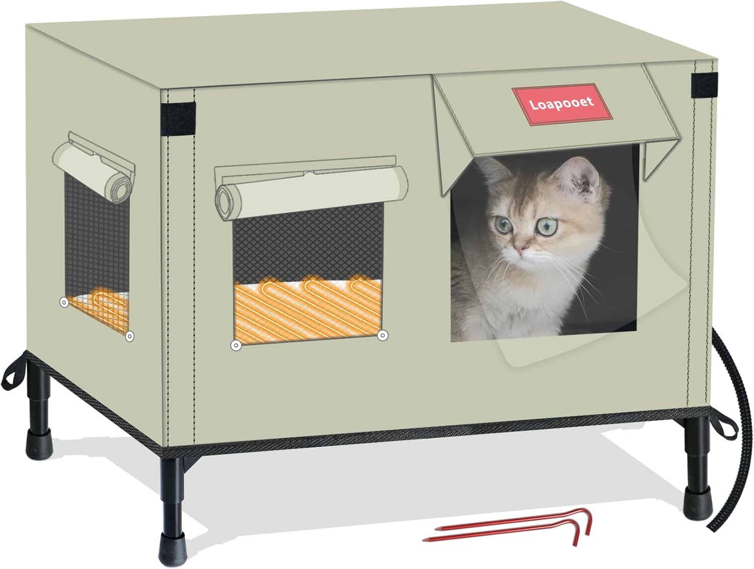 Outdoor Weatherproof Cat Shelter - Insulated, Nylon Feral Cat House with Heated Bed