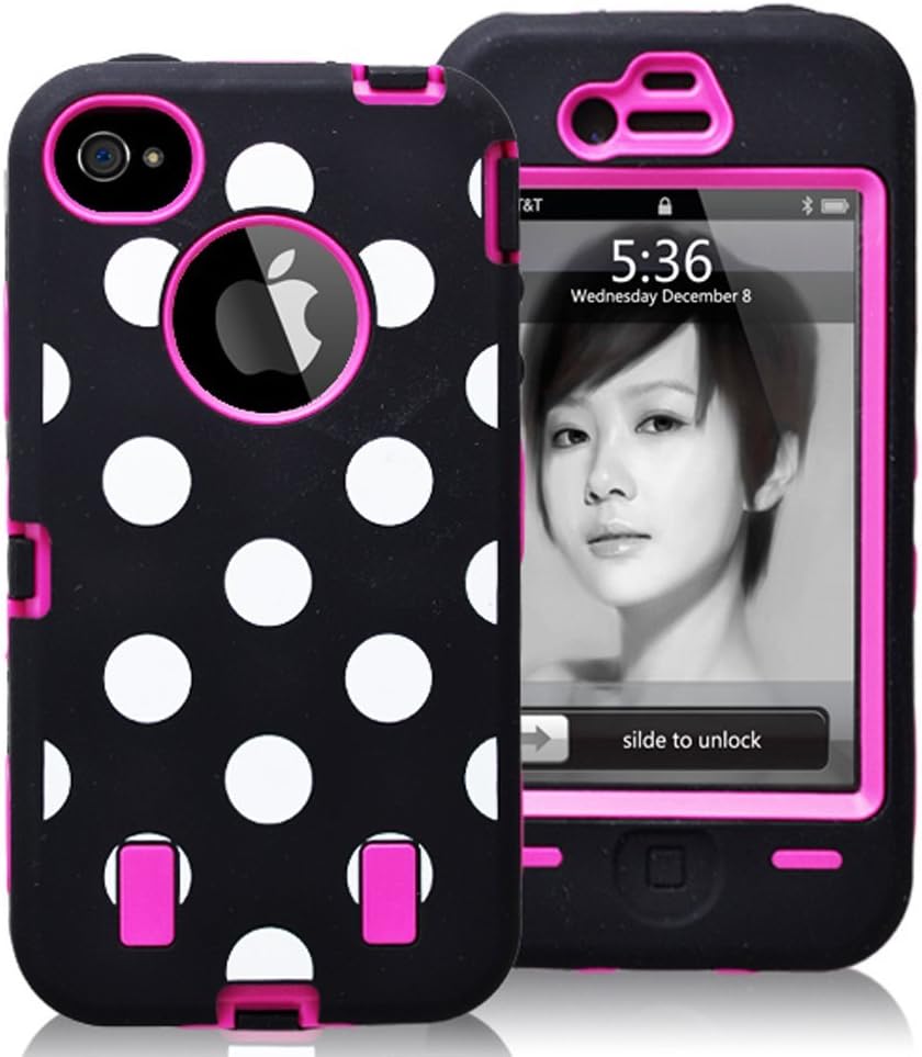 ROKE(TM) White Polka Dot Design Stylish Hard Soft High Impact Hybrid Armor Defender Case Combo for iPhone 4 4S Generation - Black+Rose