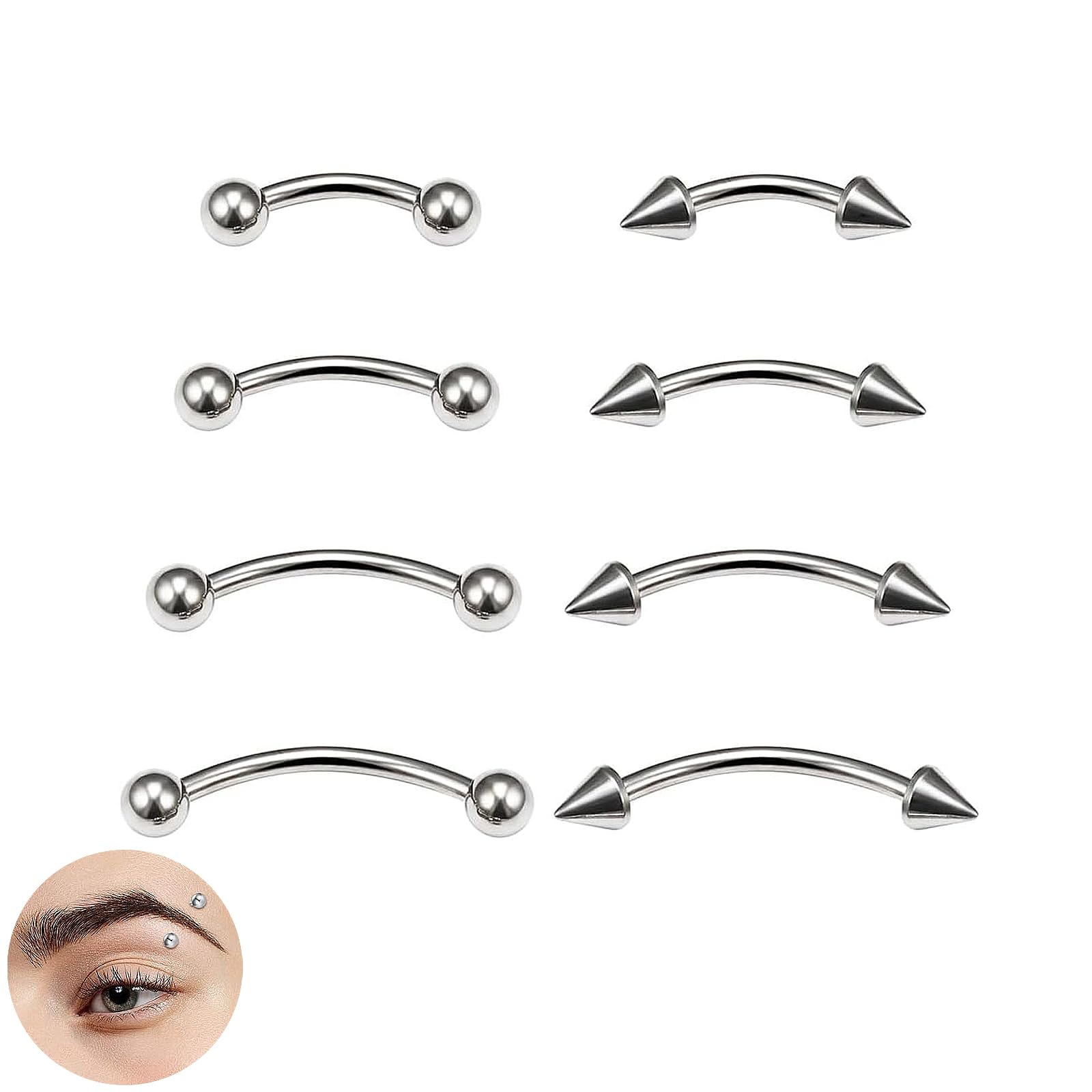 WQEDVN8pc Vertical Labret Lip Bars, Eyebrow Piercing Jewellery, Eyebrow Bar, Curved Barbell Piercing, Curved Barbells Eyebrow Bars, For Women Men (6/8/10/12mm), different size, Stainless Steel, No