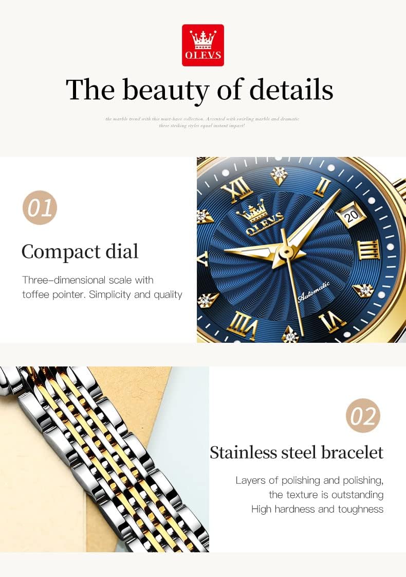 OLEVS Womens Automatic Watches Gold Classic Diamond Ladies Self Winding Mechanical Two Tone Stainless Steel Wrist Watch Date - Image 5