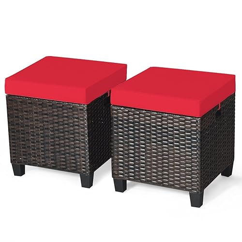 2PCS Patio Outdoor Ottomans, Rattan Wicker Ottoman Seat w/Removable Cushions,