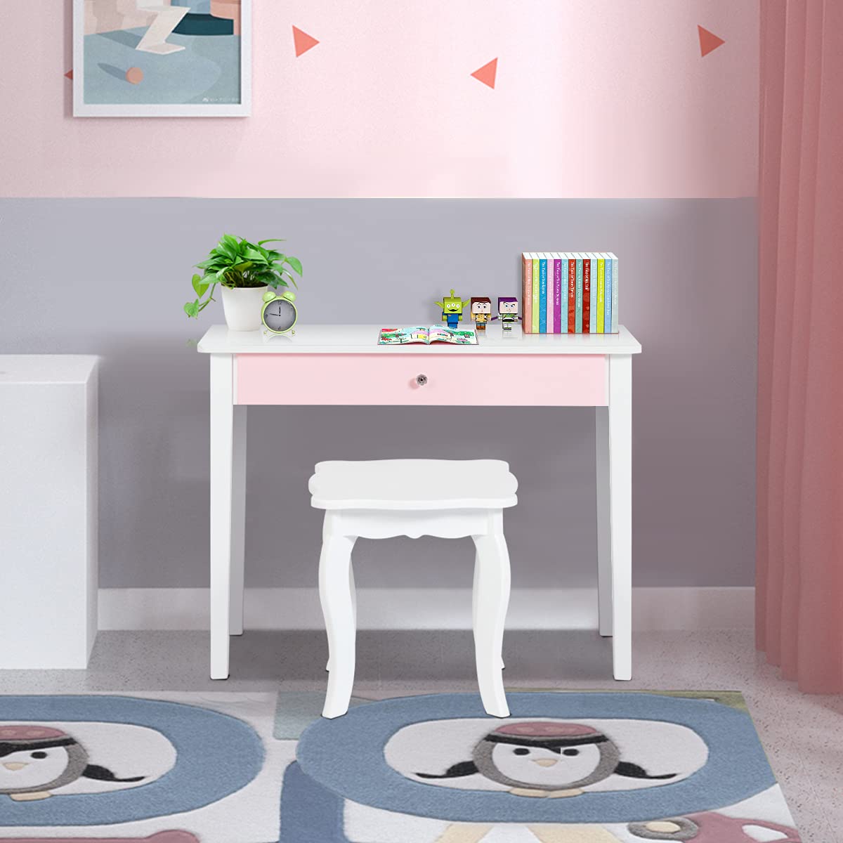COSTWAY Coiffeuse pour Enfants avec Miroir à Trois Volets, Ensemble de Coiffeuse 2-en-1 avec Dessus Amovible, Tabouret Inclus, Jeu de Simulation de Beauté pour Filles (Blanc)