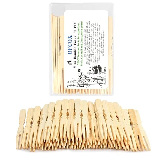 OFCOX Mini garfos de bambu de 9 cm, garfos de coquetel, palitos de aperitivo, palitos de dente para