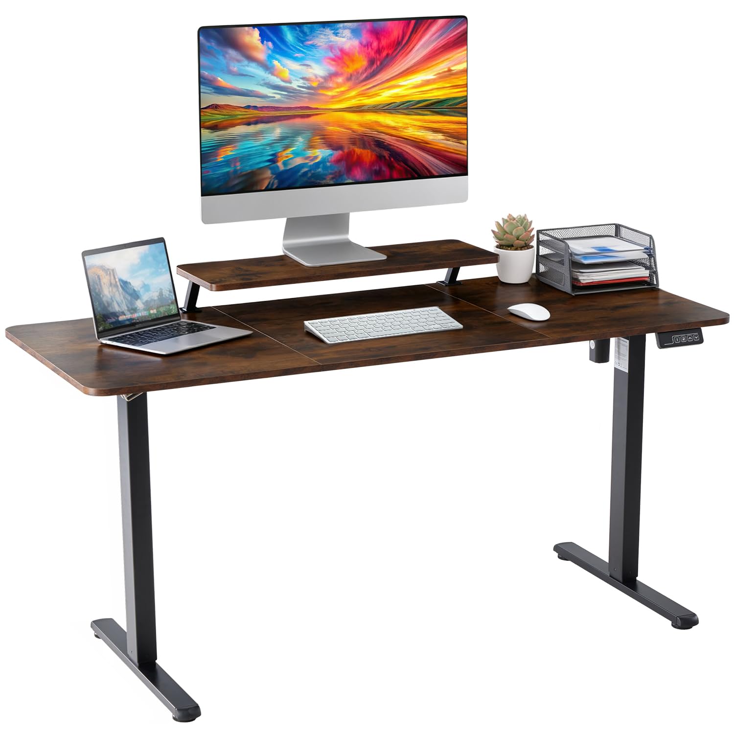 DUMOS Höhenverstellbarer Schreibtisch 140 x 60 cm, Elektrischer Schreibtische Höhenverstellbar, Gaming Tisch mit Monitorständer, Stehpult Verstellbarer Computertisch, Adjustable Standing Desk, Braun
