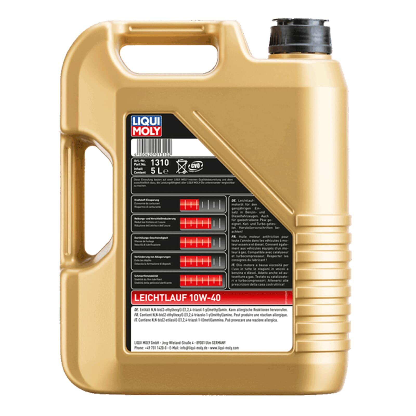 LIQUI MOLY Huile moteur Leichtlauf 10W-40 Huile en partie synthétique huile ACEA A3/B4 API SP 5 L Compatible avec VW Golf 4 3/5 portes 1J1 Golf 5 3/5 portes 1K1 Polo IV 3/5 portes 9N, 9A, SEAT, AUDI