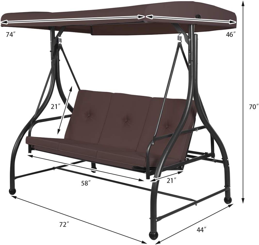 Tangkula 3 Seats Converting Patio Swing, Outdoor Porch Garden Canopy Swing with Comfortable Cushion Seats & Adjustable Tilt Canopy, Heavy Duty Hammock 3 Persons Porch Swing (Brown)