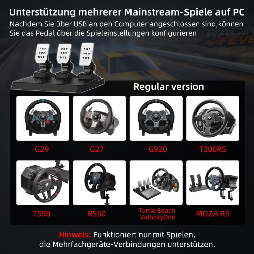 DOYO Racing Pedale PC Gaming Lenkrad 3-Pedal Set, Austauschbare Federn, Einstellbarer Bremswiderstand, Hall-Technologie