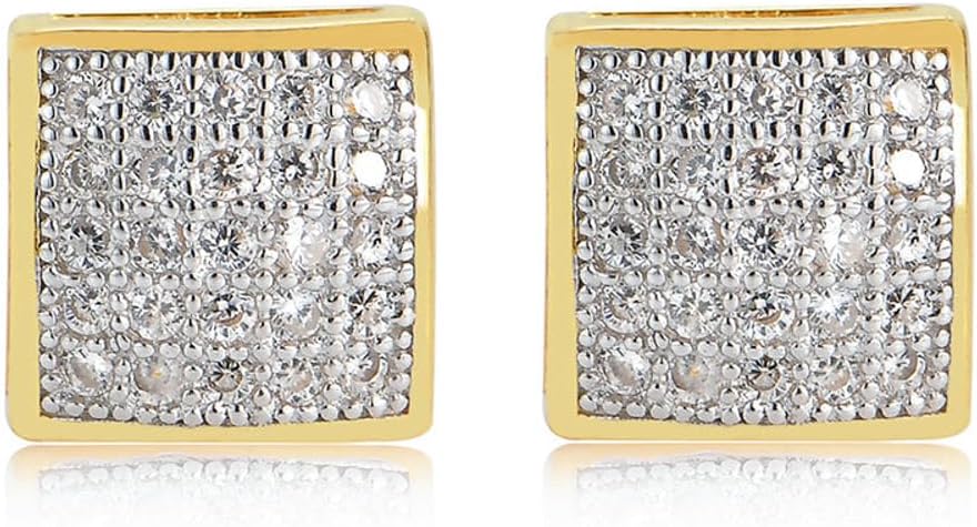 Mens Small 3D Square Iced 5A Cz Stone Two Tone 14K Yellow Gold Plated 925 Sterling Silver Screw Back Post Hypoallergenic Hip Hop Cubic Zirconia Earrings - Image 5