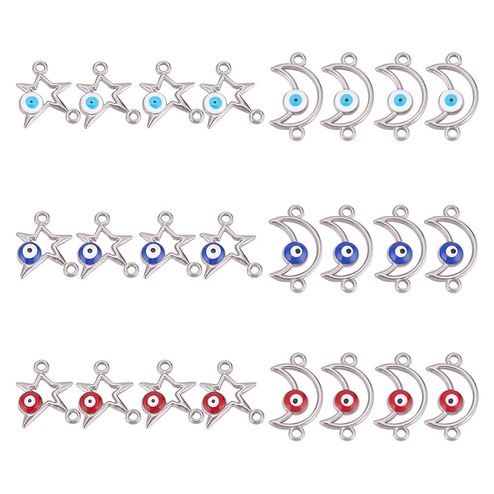 DICOSMETIC 24Pcs 6 Styles Enamel Evil Eye Charm Evil Eye Connector Devil's Blue Pupil Link Charm Hollowed Moon Charm Star Connectors Pendant for Bracelet Necklace Jewellery, Hole: 1.6/1.8mm
