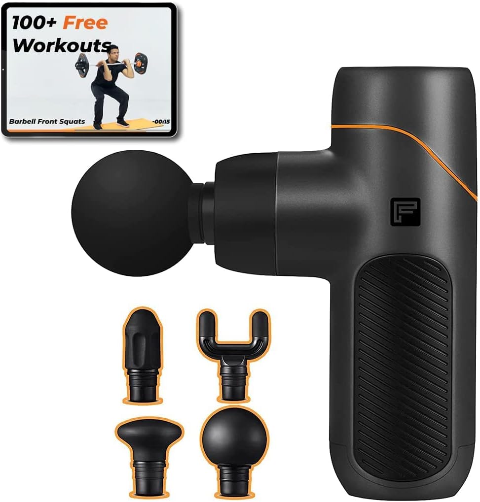 - Premium German-Designed Vibration Gun Massager with 4 Silicone Coated Heads and Long Battery Life for Physio Pain Relief, Deep Tissue Percussion for Full Body, Battery Powered, Black