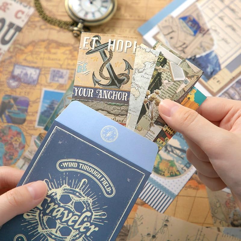 Image of WEMOL Vintage Journal Scrapbook Pack Kit for Art Journaling Bullet, Planners DIY Paper Stickers, Craft Kits Notebook, Collage Album Aesthetic Sticker (Blue Global Travel)