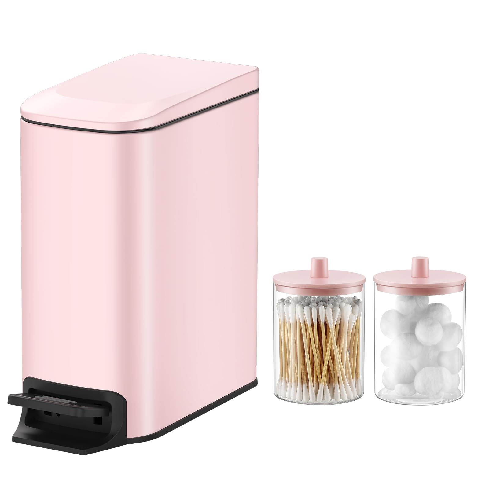 TIPGO Small Bathroom Trash Can with Glass Qtip Holder Set