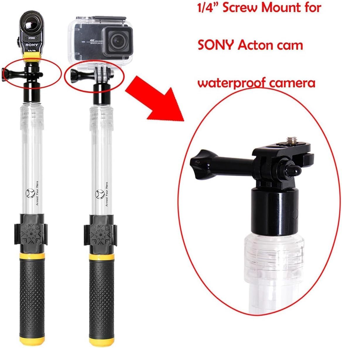 Action Camera Non-Slip Waterproof Selfie Stick Extendable Handler Pole Floating Hand Grip w/Wrist Strap for GoPro Insta360 Akaso Action Camera Diving Surfing Snorkeling Rafting Kayaking (14-24 Inch)