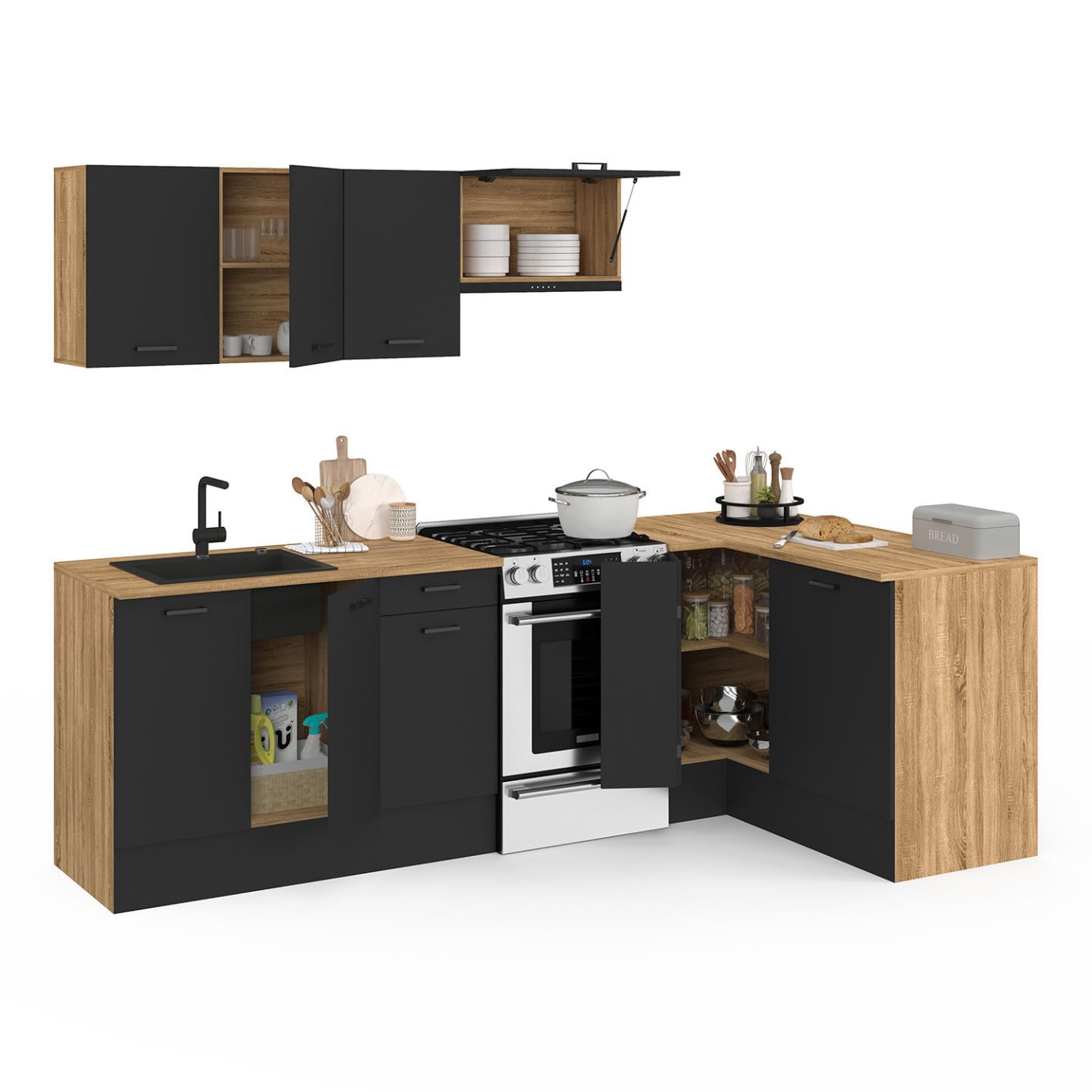 IDMarket - Cocina completa en ángulo 400 CM SUBTIL con encimera de 7 elementos en madera y negro