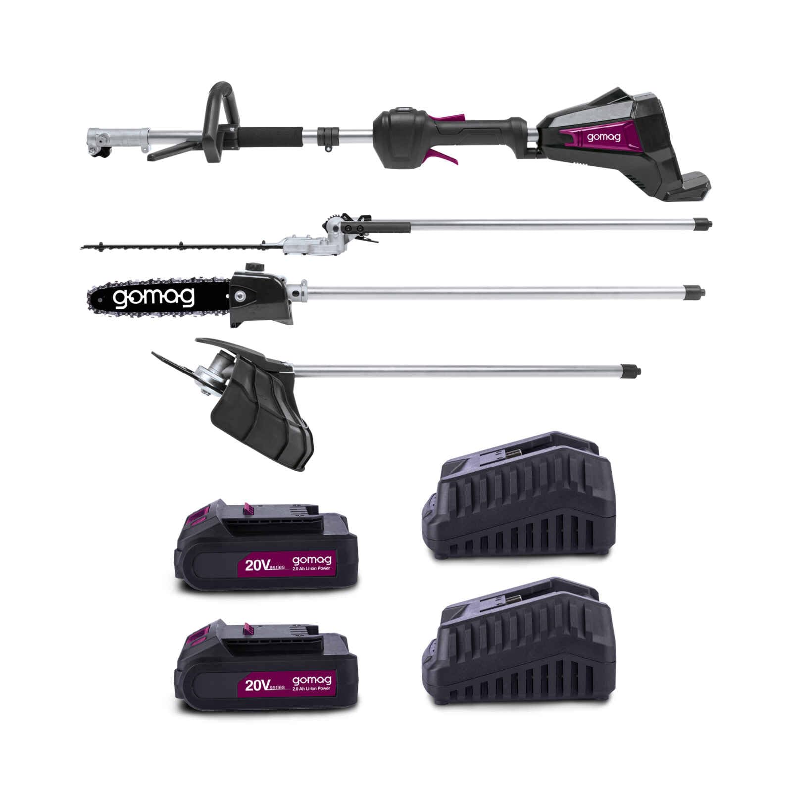 Gomag Akku-Multifunktionsgerät GO-GMG400BL Set S2 2x20V brushless | 4in1-Funktion | Rasentrimmer, Freischneider, Heckenschere, Hochentaster | inkl. 2X 2Ah Akku & 2,4 A Ladegerät