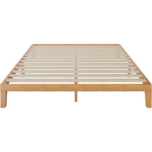 DUMOS Solid Wood Bed Frame, Full Size Bed Base with Wood Slat Support, Sturdy, Stylish & Noise-Free Design, No Box Spring Needed, Easy Assembly, 12 in Natural Pine