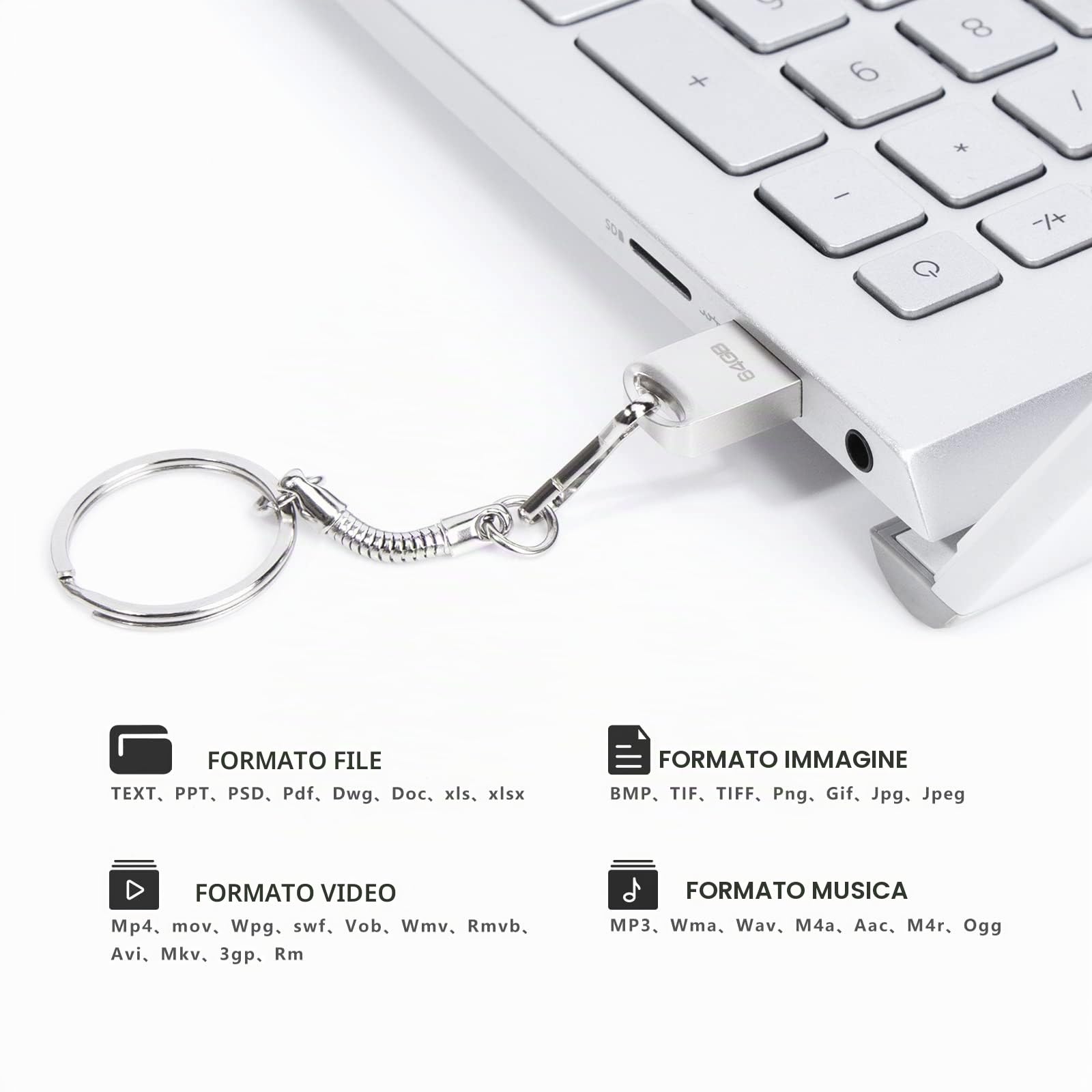 Chiavetta USB 2.0 64GB In Metallo – Mini Pen Drive Per Laptop, PC E Mac, 100% Capacità