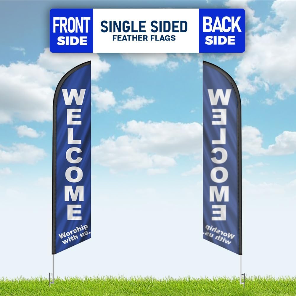 Pack 2 - Welcome Worship With Us Church 15' FT Feather Banner Sign with Flag Pole Kit and Ground Spike - Perfect for churches looking to welcome visitors and encourage worship attendance.