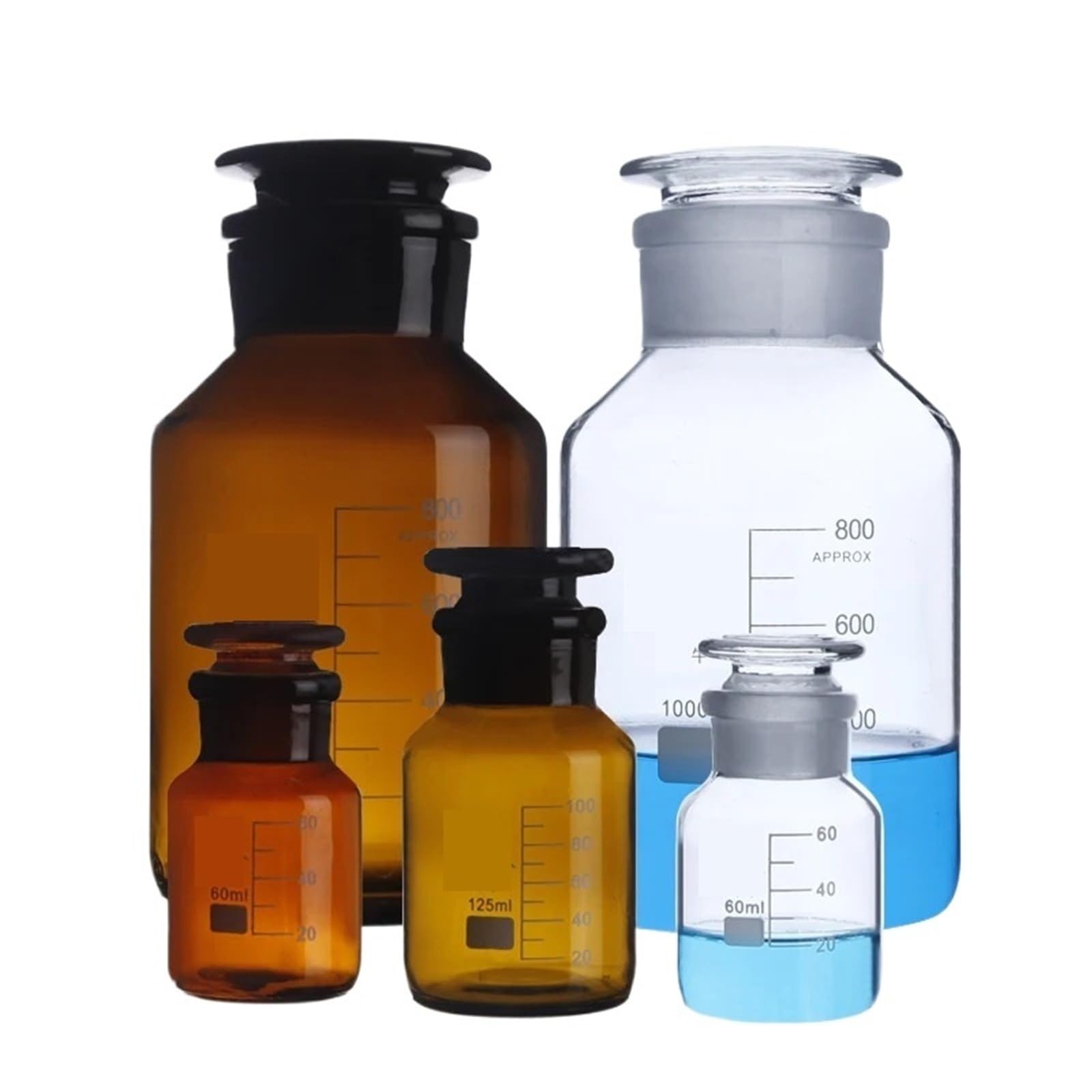 CQAHDSEVF Borosilicate Glass Bottles, Glass Reagent Bottle Wide Mouth Ground Stopper Brown Transparent 60-1000ml(125mL 4pcs)