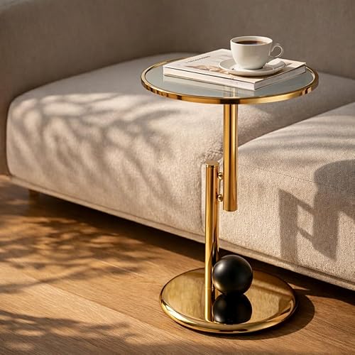Modern Gold Side Table with Glass Top, Small Round End