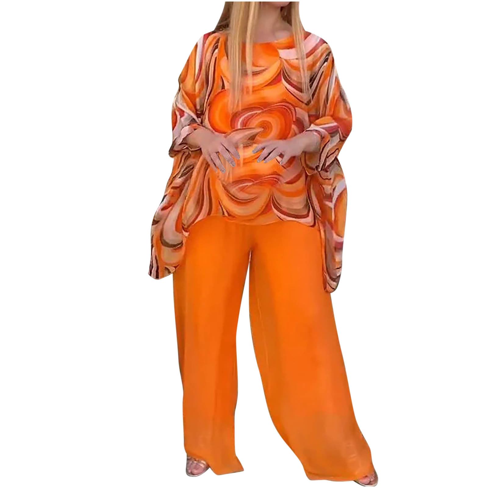 Womenβs Wedding Guest Pant Suit 2 Piece Set Tie Dye Printed Elegant Formal Chiffon Evening Party Outfit, Orange, 3XL