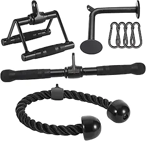 DYNASQUARE Pro Cable Attachments for Home Gym, LAT Pulldown Equipment, Weight Machine Accessories, Straight Pull Down Bar, V-Shaped Press Down Bar, Tricep Rope, Exercise & Double D Handle