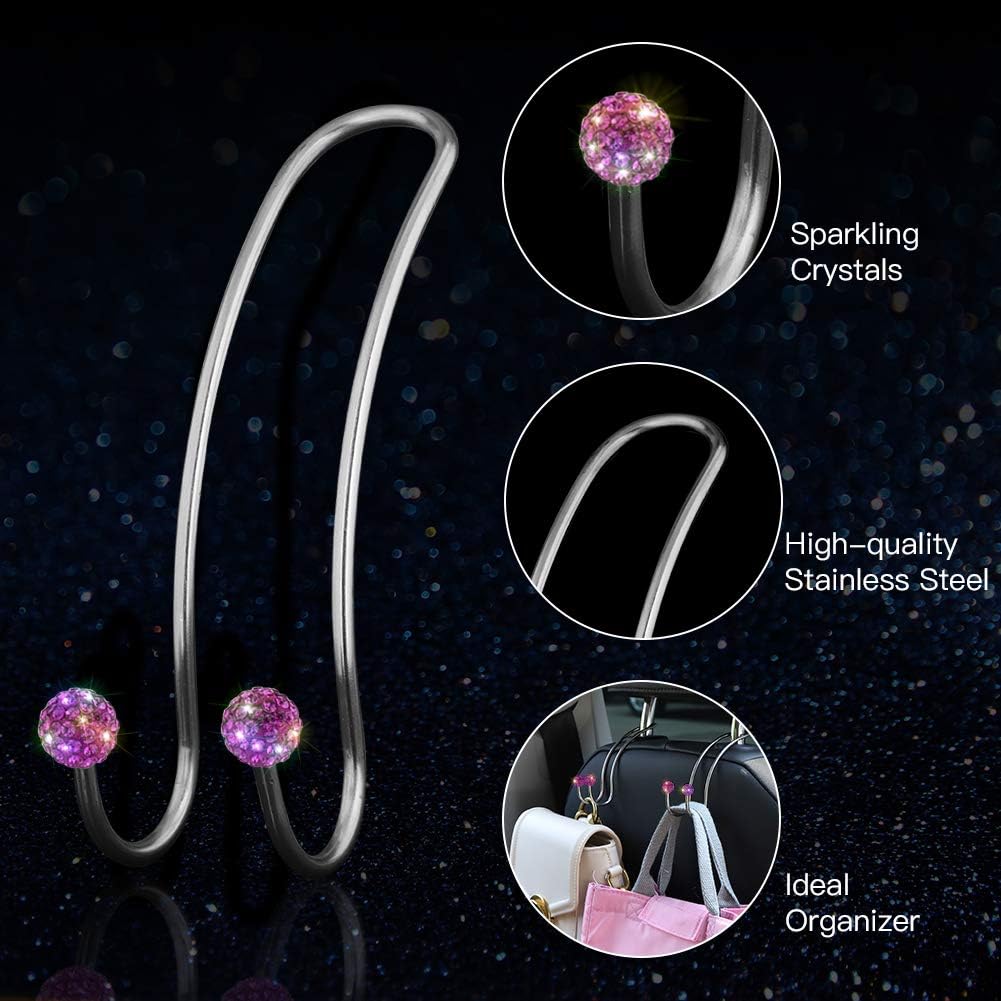 4 Pack Car Hooks, Artscope Multifunctional Organizer Hooks Universal Bling Diamond Car Headrest Hangers Hooks for SUV Truck Vehicle , Strong and Durable Auto Backseat Hanger Storage Hooks (Purple)