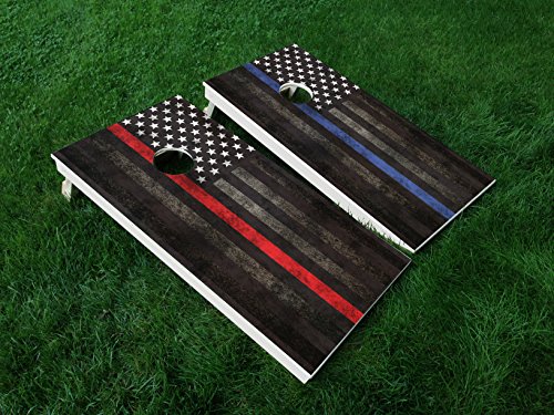 IAWOAVinyl Distressed America Thin Blue LINE 01 / Thin RED LINE 01 Combo USA Flag Police Cornhole WRAP Set Vinyl Board Decal Baggo Bag Toss Boards * Made in The USA *