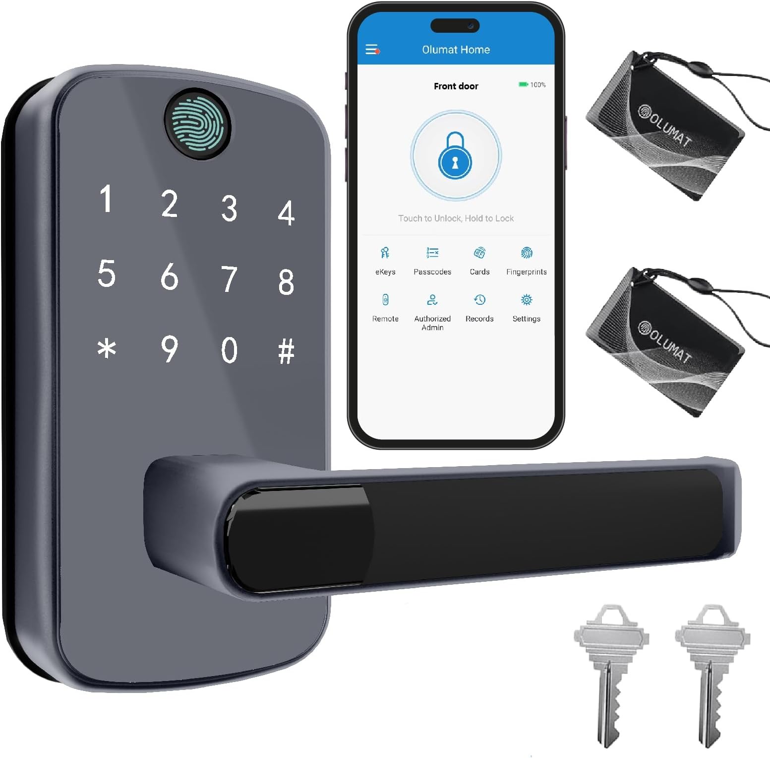 Keyless Entry Door Lock with Handle: Olumat Smart Lock with Fingerprint - Keypad with App Control - Digital Locks for Front Door - for Garage, Home, Office, Rental