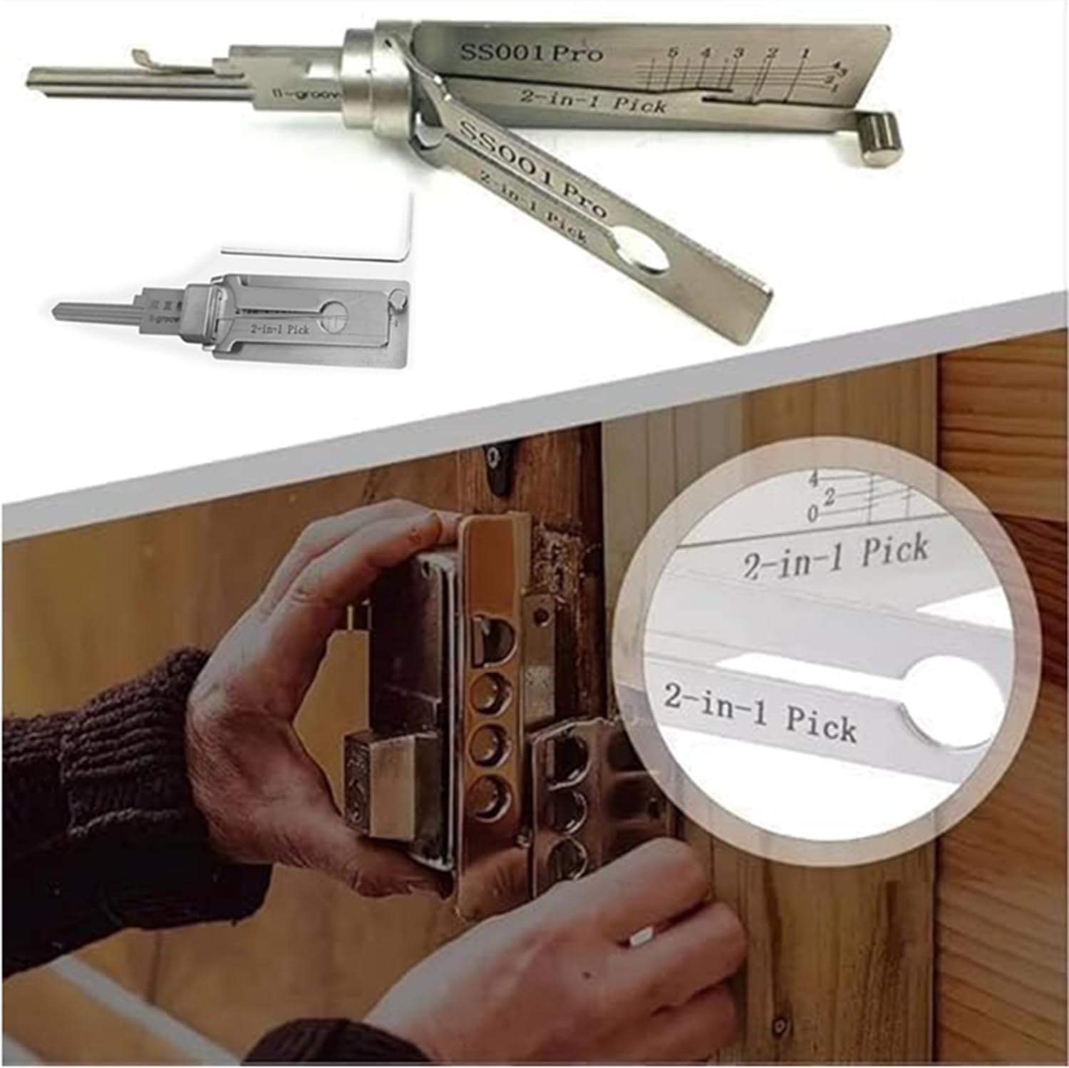 SS001 Pro Lock Pick Tool,2 in 1 Kit di picking serratura & Master Key Decoder,Serrature pratiche per lockpicking,LockPicks in acciaio inox per principianti,Lockpicking Set per serrature auto e Groove