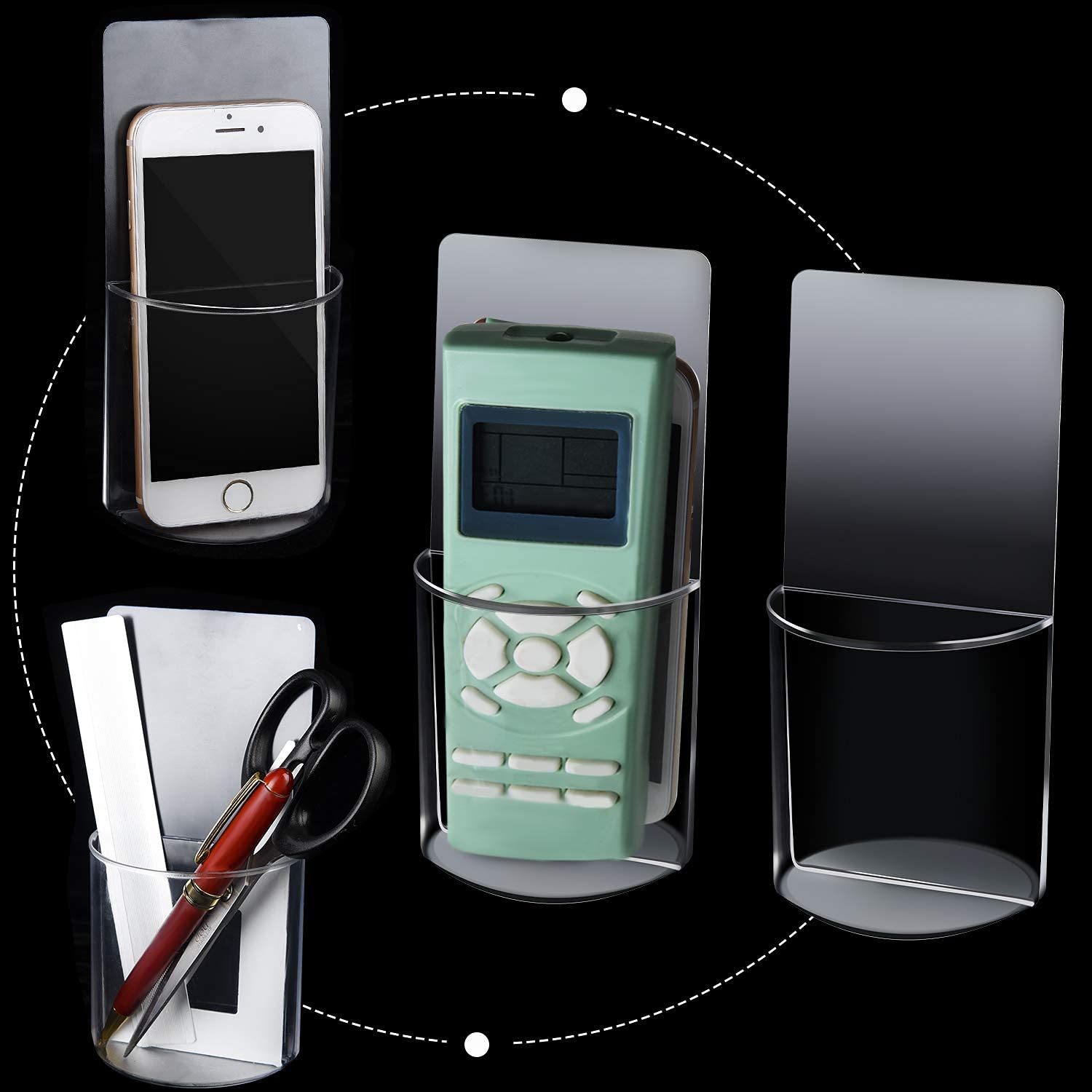 TIE-DailyNec 4 Supporti Per Telecomandi In Acrilico Trasparente | Portaoggetti Da Parete Con Adesivo | Organizzatore Per Soggiorno E Camera