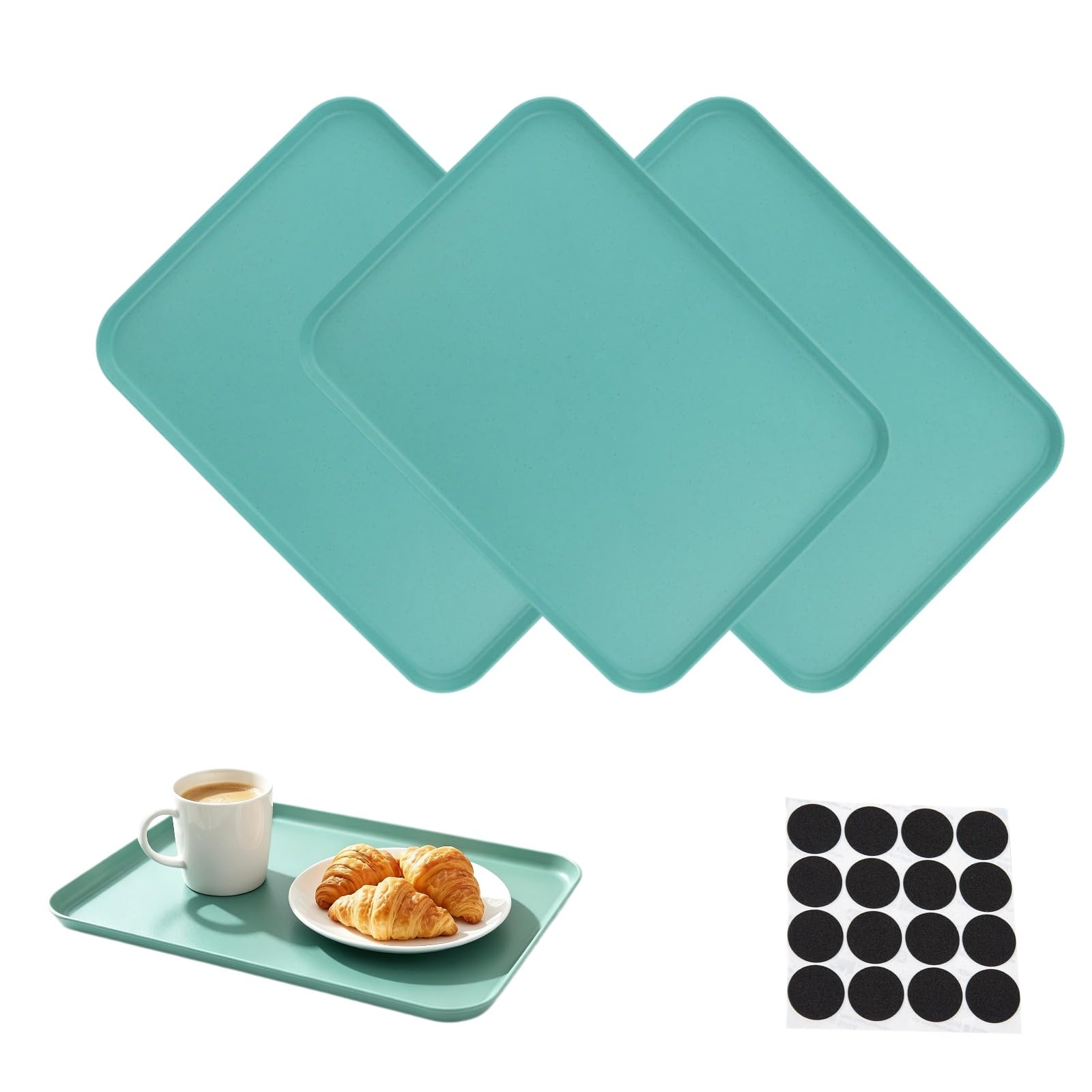Fugytven 3 Pack Shallow Plastic Trays, Small Plastic Trays for Food Serving, Tea or Coffee, Multipurpose Serving Trays Dinner Food Tray Set with 16 Non-Slip Pads, 37.5 x 26.5 cm