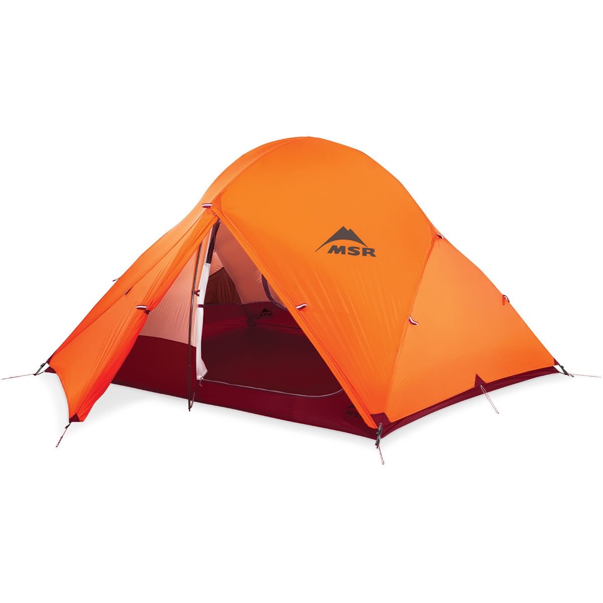 MSR Access Lightweight 3-Person 4-Season Tent fully set up with red and white fabric, showing the main entrance and vestibule area.
