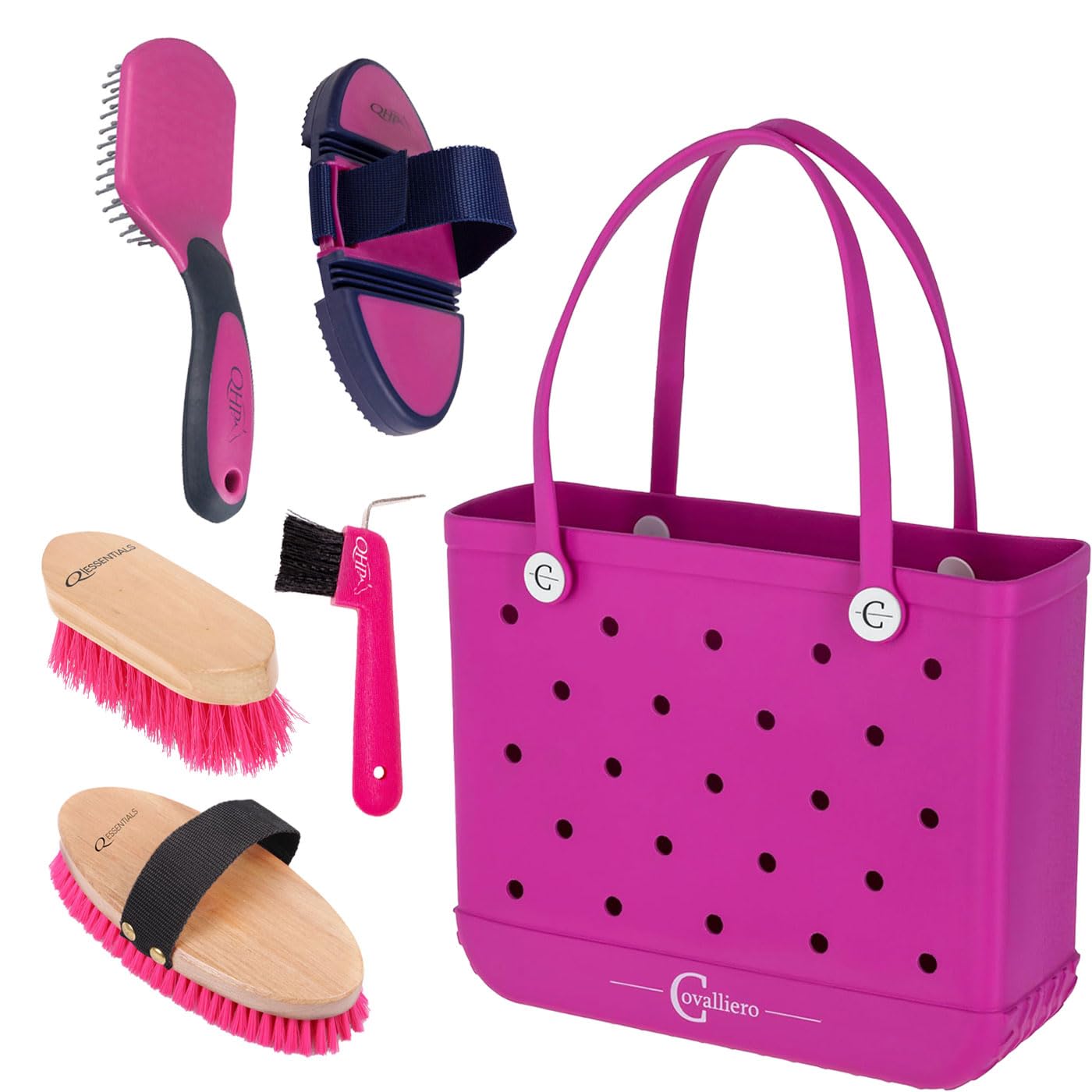 Set per la cura dei cavalli con sacchetto di pulizia "Pinky Pony" – Set completo di pulizia per cavalli con spazzole, strisce, raschietti per zoccoli & Covalliero MultiBag – Set per la cura dei