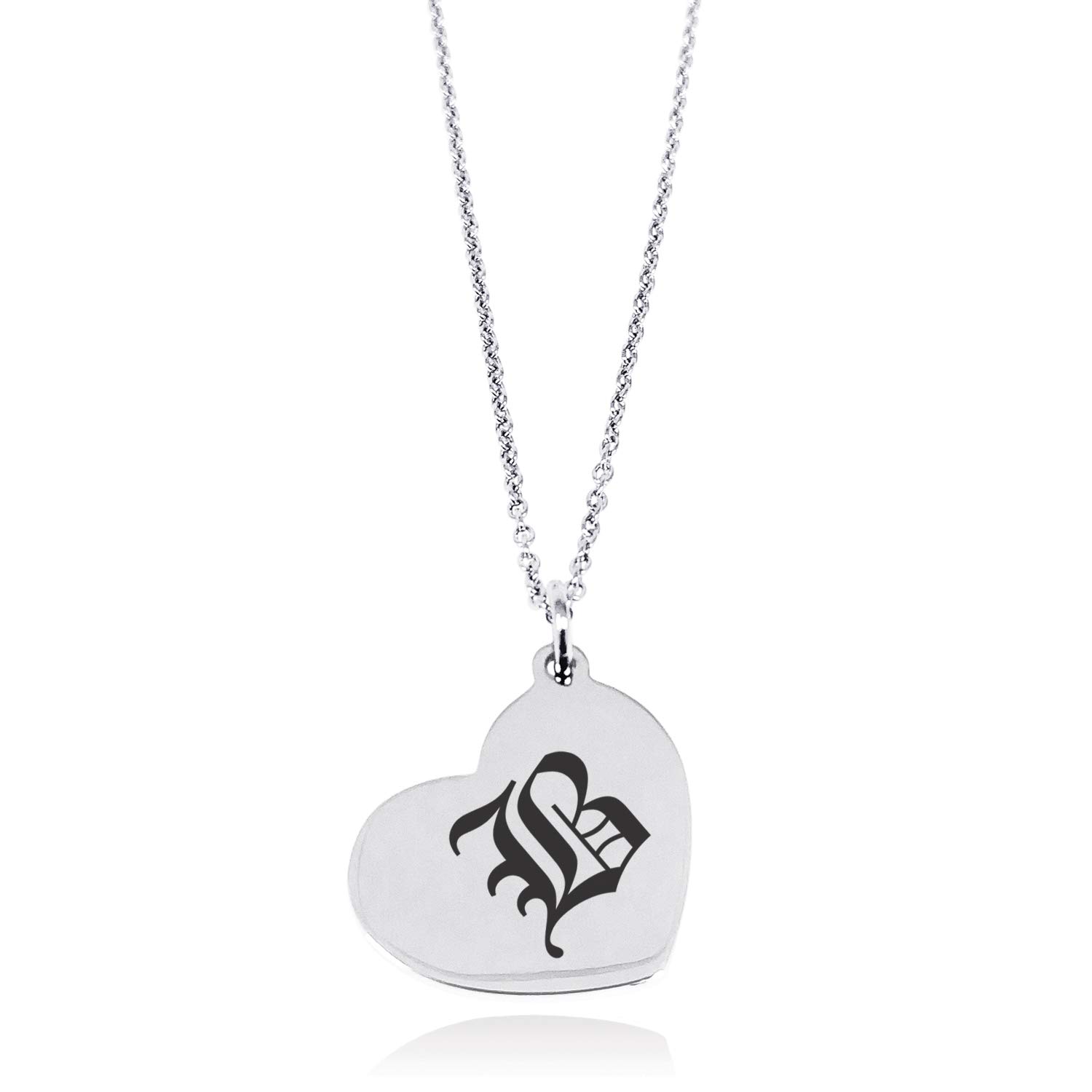 Tioneer Stainless Steel Letter B Initial Old English Monogram Floating Heart Tag Charm Pendant Necklace
